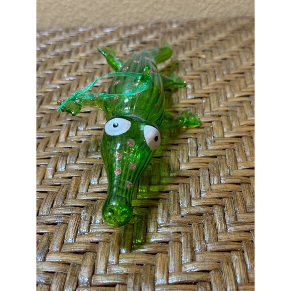 Pier 1 Alligator Crocodile Blown Glass Christmas Ornament Green Gold Glitter - Picture 1 of 5